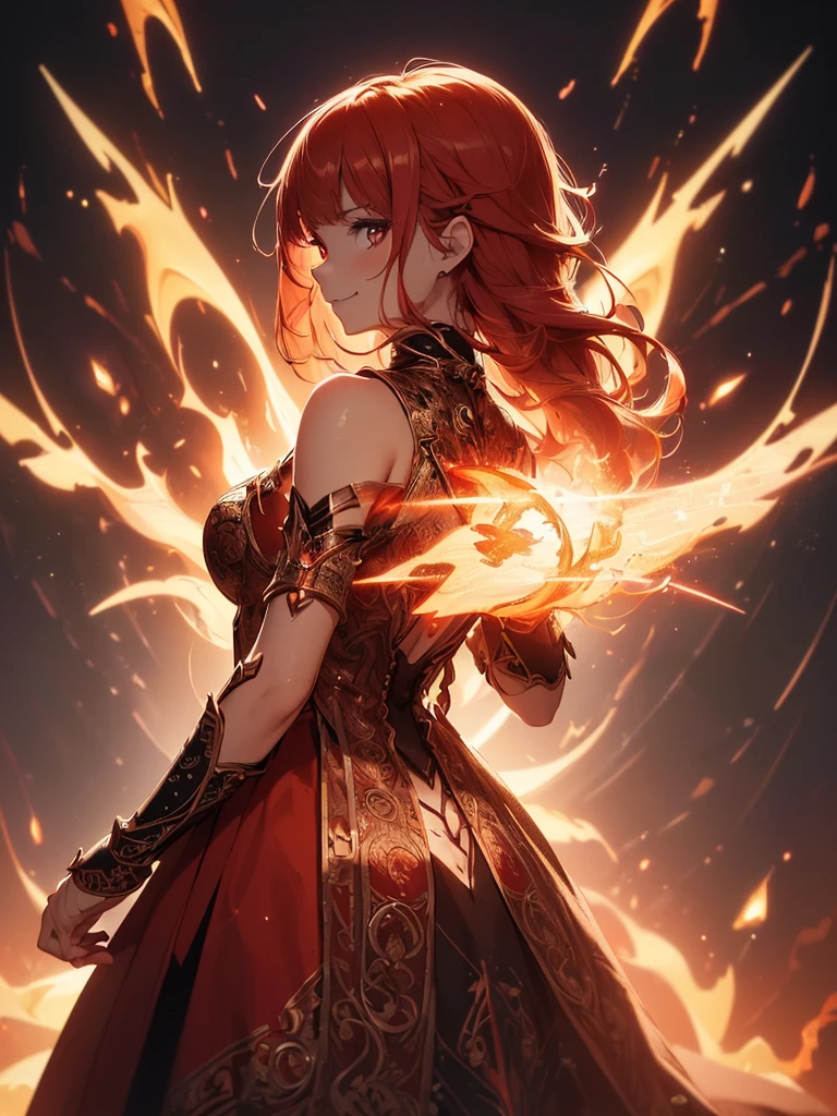 (((best quality, sharp image, clear image, cinematic lighting, 8k resolution, masterpiece, ultra detailed, intricate))) Girl, sorcerer, cute, intricate dress, smiling, fiery red, ((intricate background)), (rune frame), dimension, ((shot from behind)), fire sigils, chaotic background.