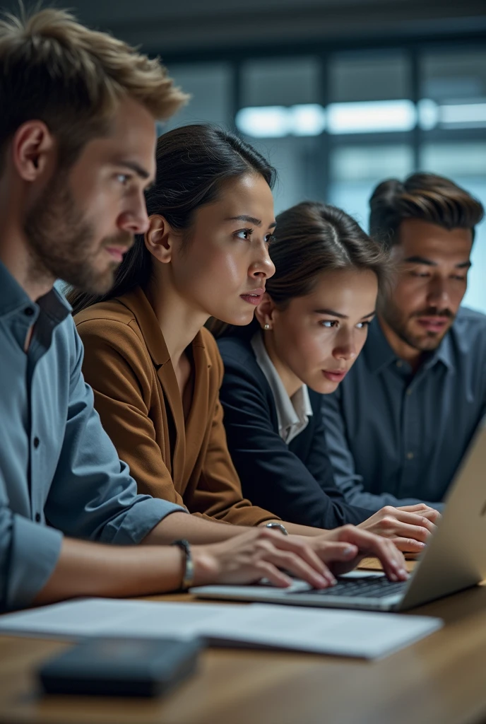 Create a image on 2 men and 2 women looking at laptop people looks real