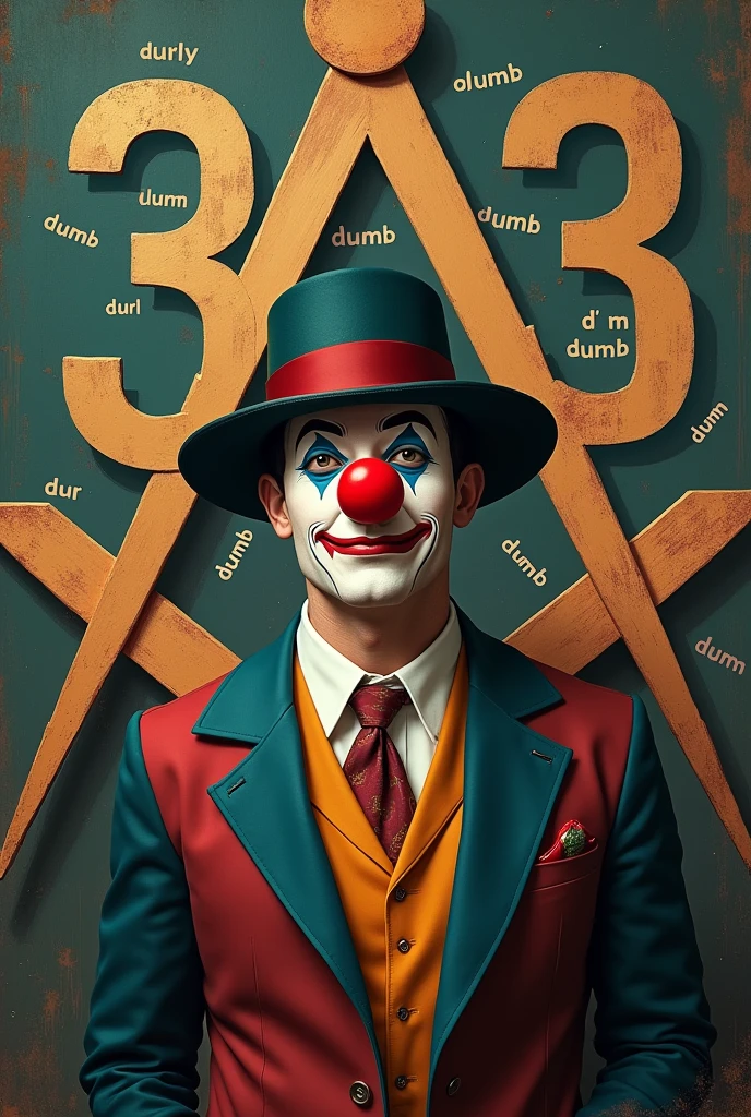 create a funny image of the 33rd degree masonry with a clown nose and hat, adicione elementos da maçonaria como a pirâmide e Write 33 na foto, Write "hur dur i'm dumb"
Write 33 na foto
Write dumb 4 vezes no fundo da imagem
adicione elementos da maçonaria
Write "hur dur i'm dumb"