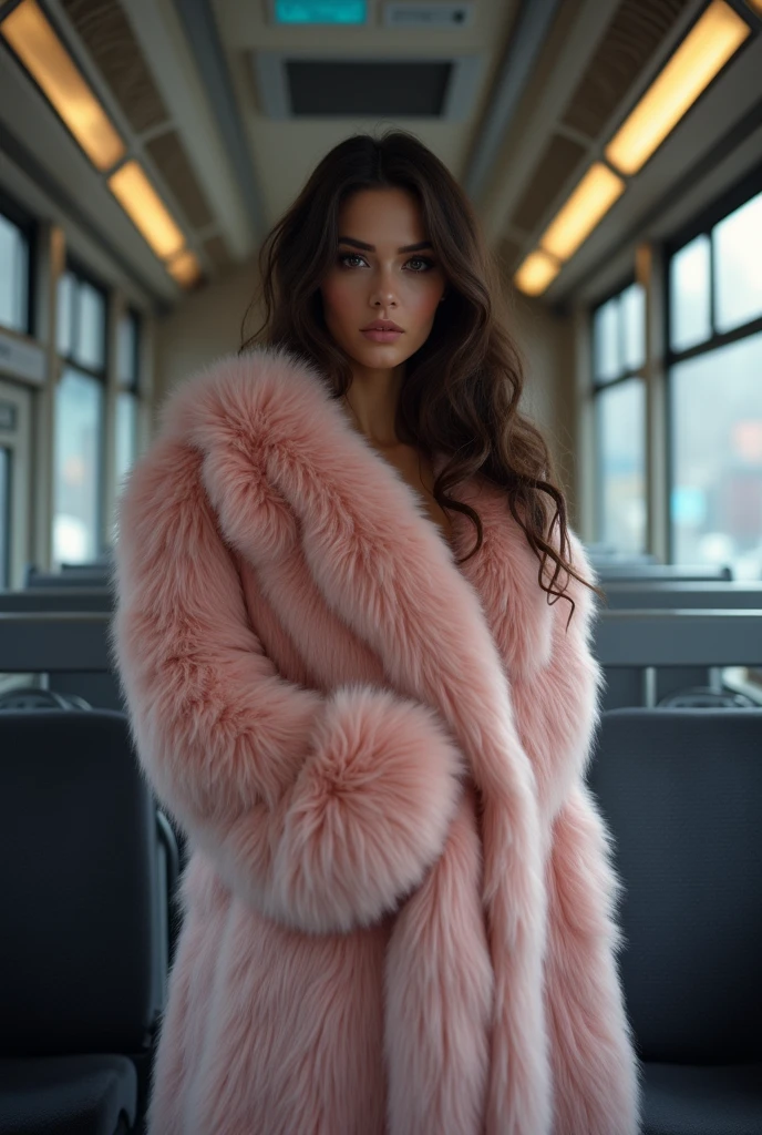 A beautiful woman wears a beautiful pink fur coat and looks deep into my eyes. She stands in an almost empty German bus and smiles seductively at me