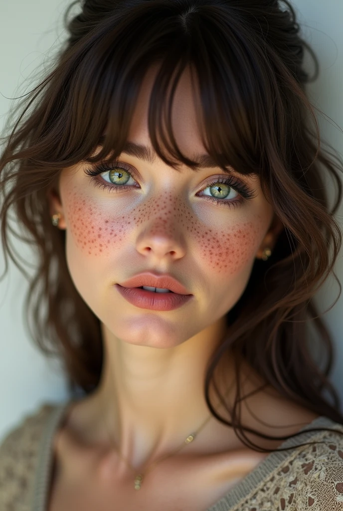 the profile of a bruenette young women with long curtain bangs hair, green eyes, a lot of freckles, a chubby face, long lashes and full lips. On a white background.