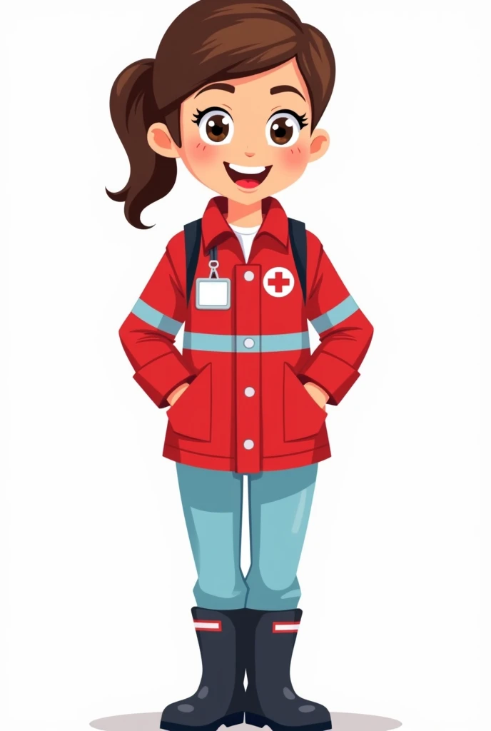 cartoon image of a female nurse, with a pre-hospital care uniform consisting of : Red loose jacket that has a light blue stripe on the chest and on the right side of the chest it says SAMU, without any other letters, Light blue pants not tight to the body, with reflective bands on the hem, black safety boots. the image without background, that the nurse is smiling