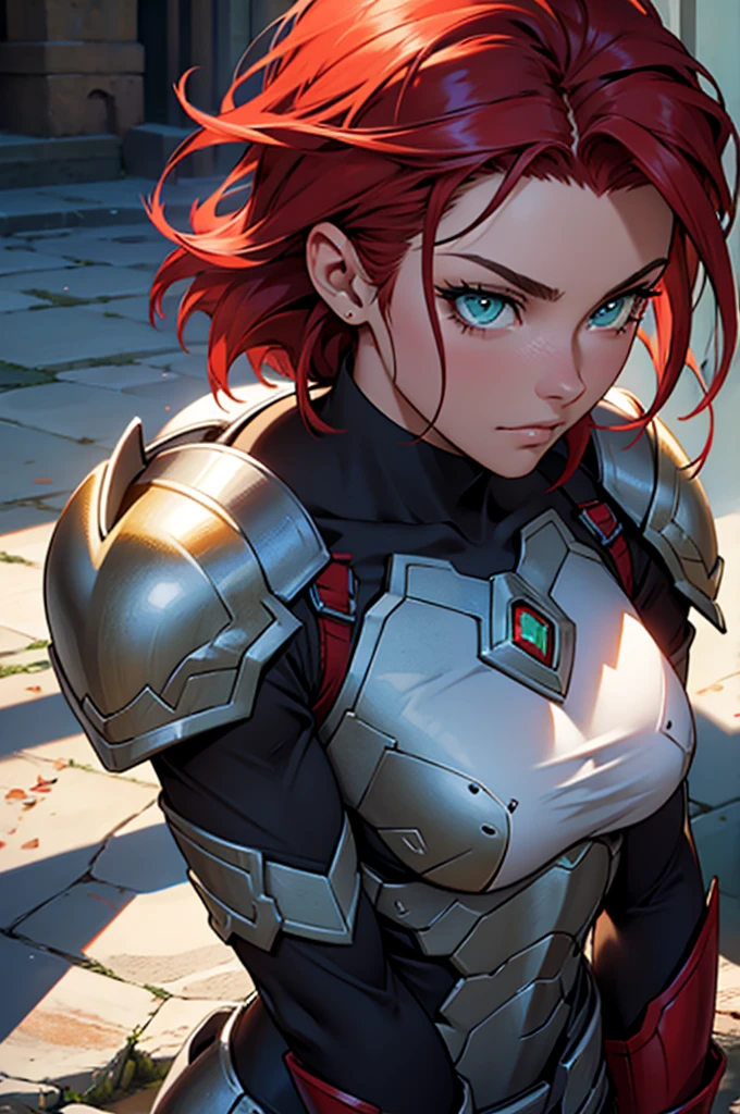 Mulher de pele branca e greeneyes, shoulder length red hair, iron armor parts, greeneyes.
