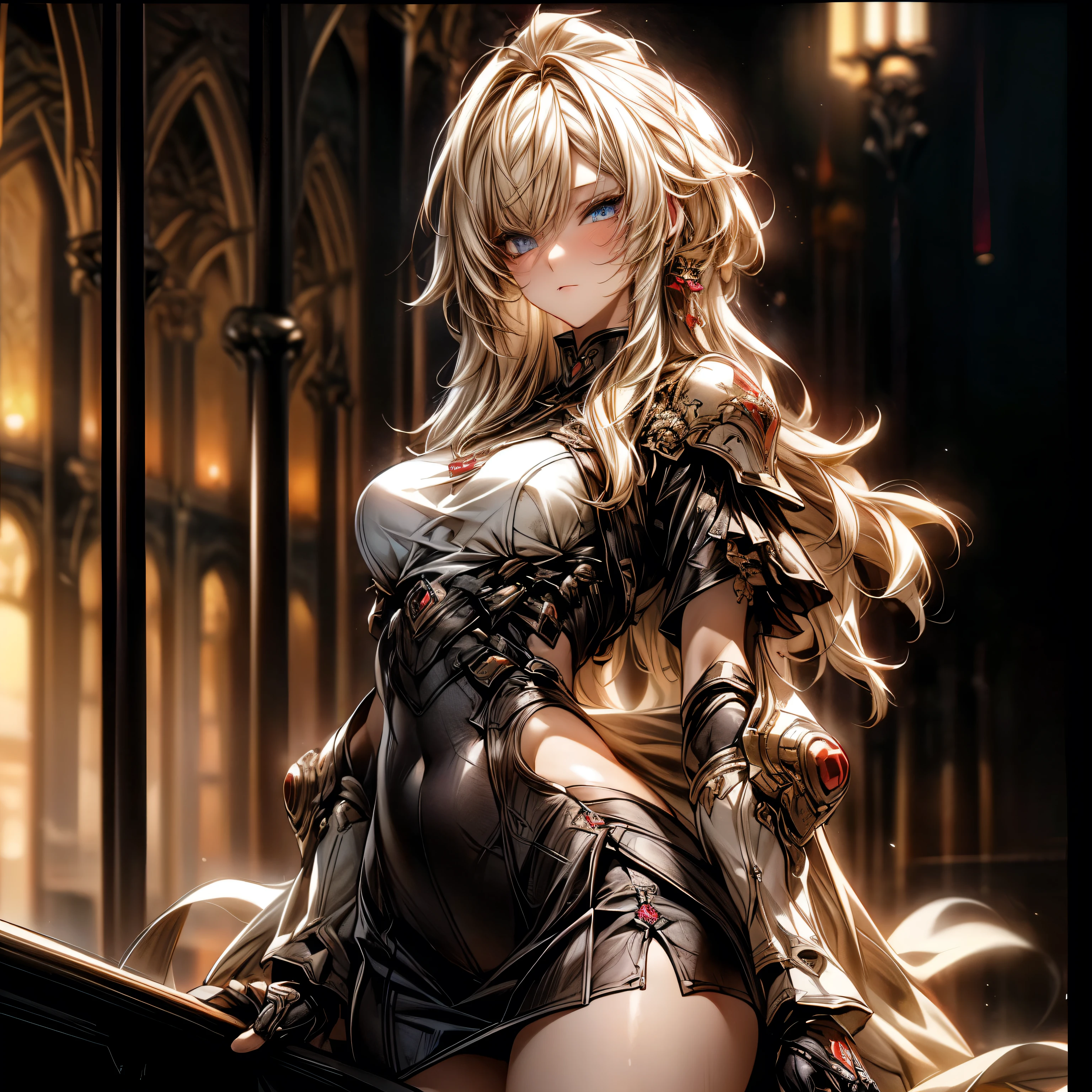(best quality)), ((Masterpiece)), (details:1.4), 3d, HDR (high dynamic range), an image of a beautiful cyberpunk female, Cyberpunk, fantasy, medieval, Blonde hair, Curtain Bangs, Hips up, Beautiful white eyes, จมูกโด่ง, ปากแดง, หน้าอกใหญ่, nvidia RTX, PBR surface, After processing, Anisotropic filtration,depth of field, Maximum clarity and clarity, multi-layered surface, Subsurface scattering, perfect proportions, 8K raw files, ultra detailed, Perfect proportions, volumetric lighting, soft lighting, Holy Paldin, Heavy Golden Armor, glossy skin, Castle background, jewely, ต่างหู, นิ้วมือสมบูรณ์, mini red skirt,