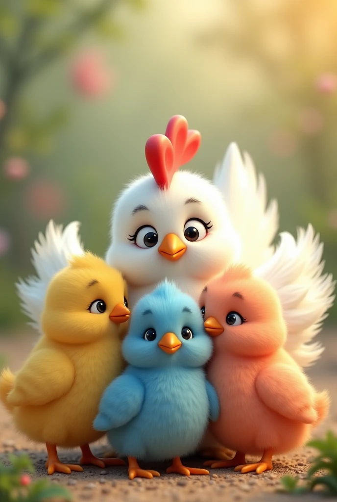 A little chick verde, A little chick rosa, A little chick, yellow, A little chick azul entre as asas de um linda galinha branca, 3D cartoon style, cinematic