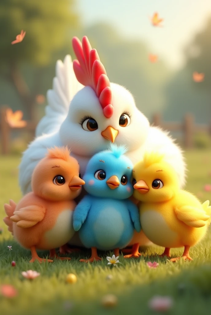 A little chick verde, A little chick rosa, A little chick, yellow, A little chick azul entre as asas de um linda galinha branca, 3D cartoon style, cinematic