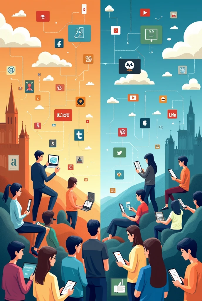 Necesito una imagen que resuma o que use los puntos principales del siguiente texto "First of all, social media offers a global connection, which makes it easier to connect with people. A study conducted in California states that 74% of people feel relieved by connecting through various platforms, especially in times of stress, allowing those who feel alone or upset to have someone to listen and support them.
Another positive aspect is the availability of educational resources and professional and personal development. According to LinkedIn, 60% of professionals use social media to network and learn online. This can be highly useful and interesting, increasing confidence and self-esteem.
On the other hand, excessive use of social media can lead to stress, anxiety and depression. JAMA Network Open found that spending more than 3 hours a day on social media increases the risk of mental health problems by 27%. Constant exposure to idealized content can be frustrating and disturbing, affecting self-esteem and causing excessive comparisons, leading to isolation for fear of criticism.
Another problem is social media addiction, which can lead to procrastination. According to Nielsen, 70% of workers feel awkward using social media during work hours. In addition, exposure of personal information can cause privacy issues and generate anxiety.
In conclusion, the social media offer benefits such as global connection and professional growth, we must be aware of their impact on mental health. They are valuable tools, but it is important to use them wisely. Thank you for listening."