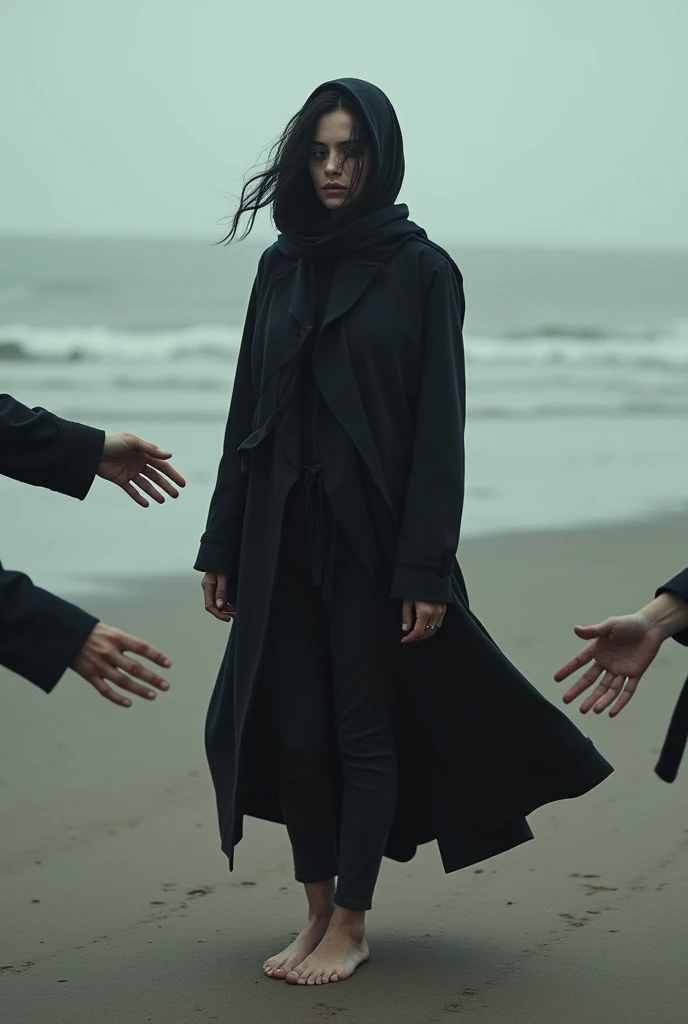 Black headscarf on the beach, black trench coat, Barefoot woman. Men touching women&#39;s buttocks.