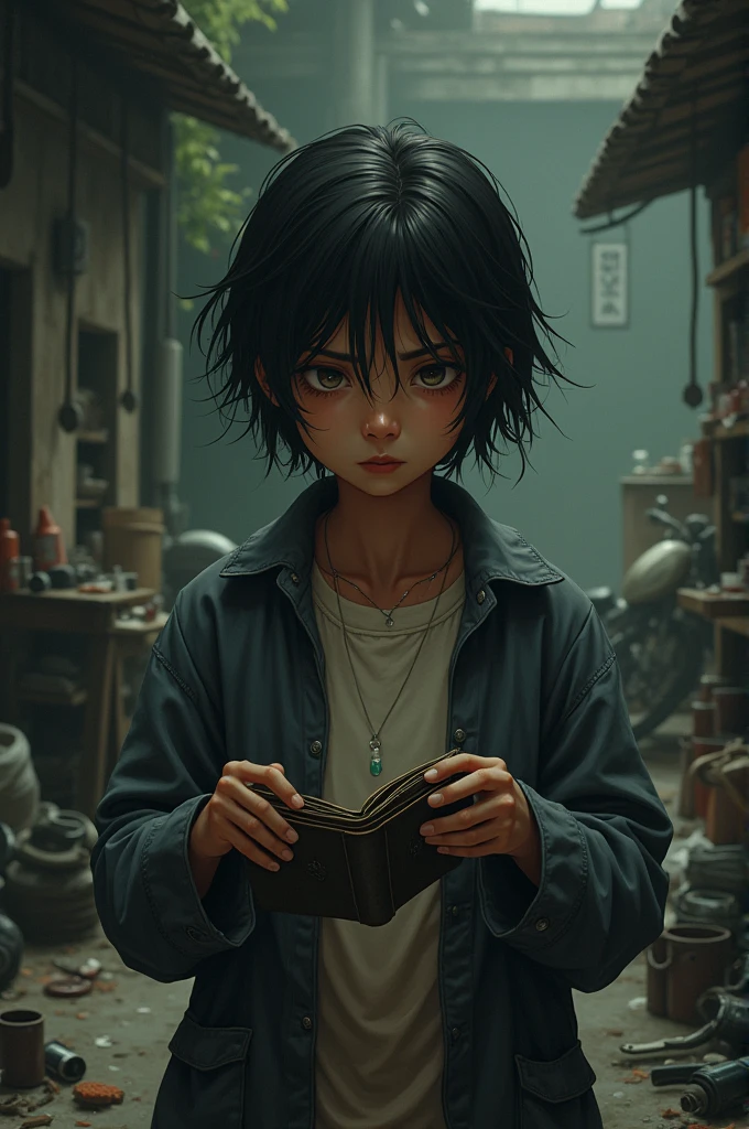 Dark skinned Japanese, holding a wallet without money in front of a workshop, lamenting his broken motorcycle and crying 