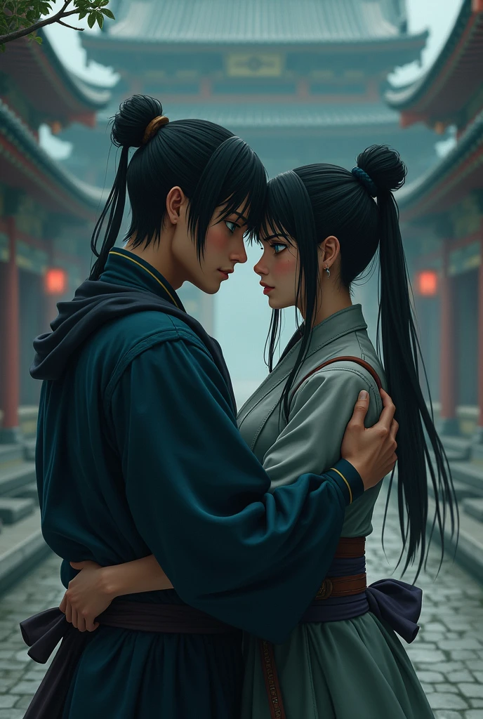 Ninja couple in front of a temple, the woman has tied black hair and green eyes, the man has short black hair, blue eyes and is very muscular. The woman is crying and the man is comforting her by carefully holding her shoulder.