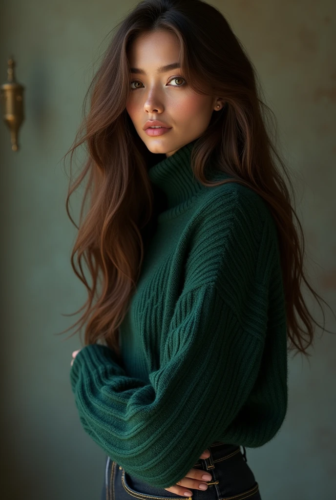 la meme femme aux longs cheveux brun , avec un pull vert et un jean noir