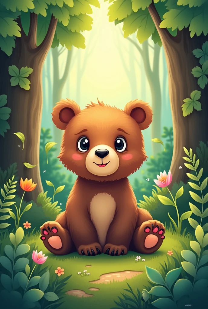 Baby spectacled bear logo in a forest