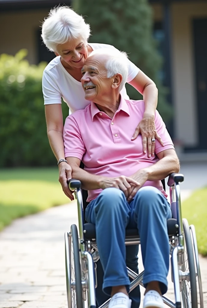 Man in his wheelchair and his wife,super realistic professional photography