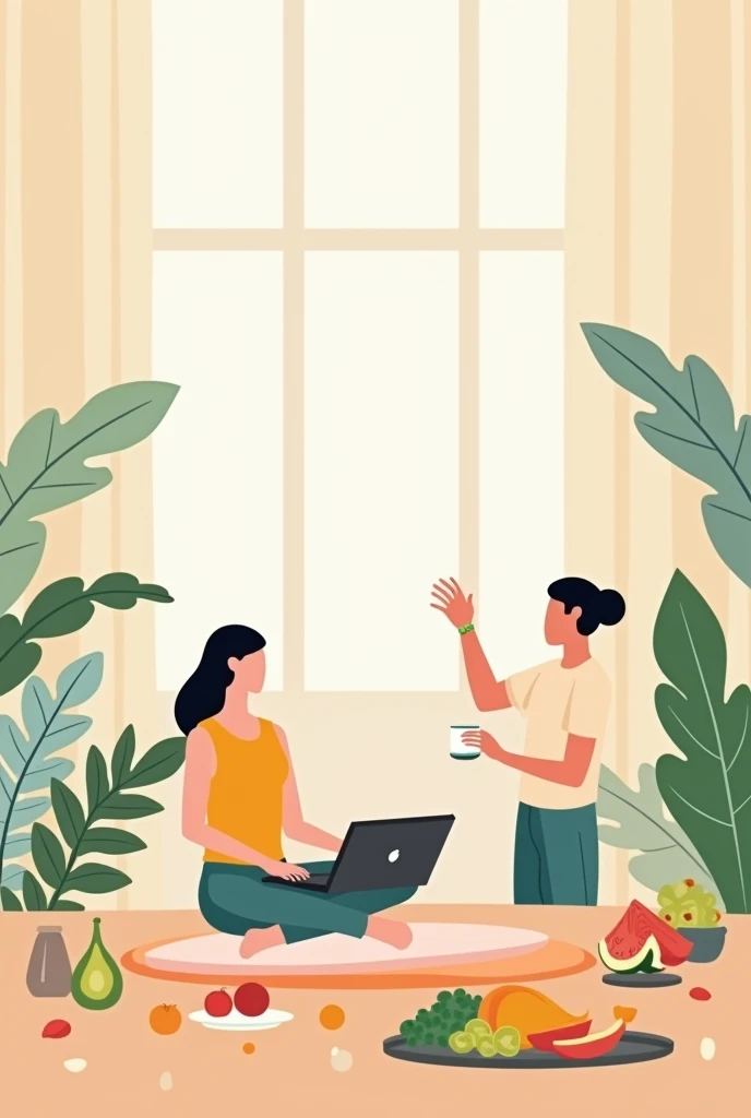 Create a background image for an app that aims to provide healthy living tips while working from home.
Nutrition tips, time to drink water and moments to stretch.