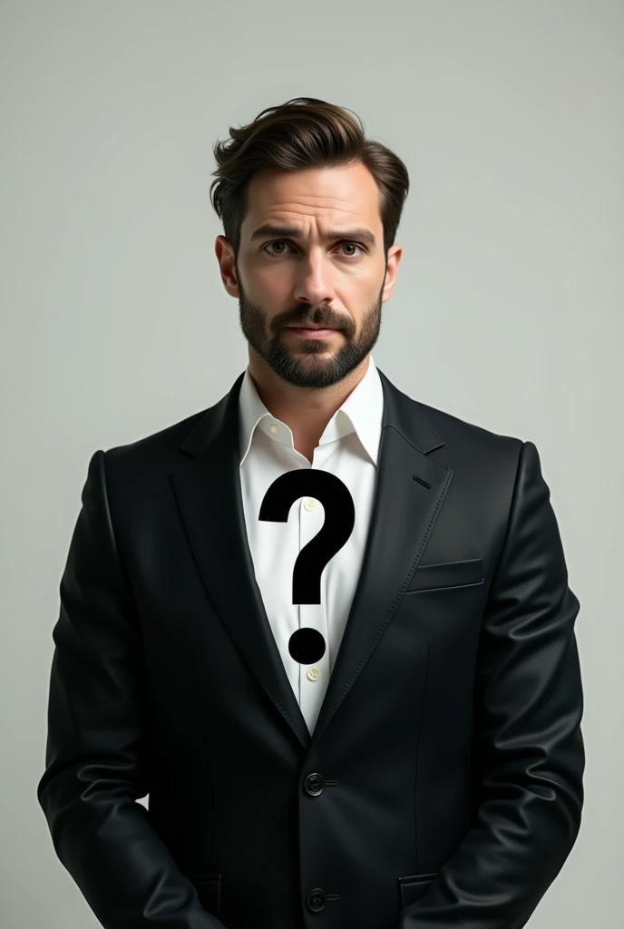 Image of a man wearing a suit with a question mark in the middle 