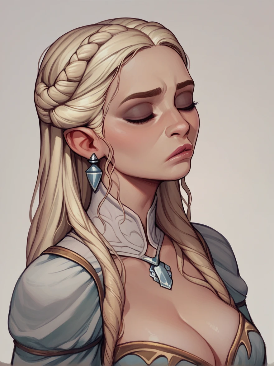 score_9, score_8_up,score_7_up, score_6_up, score_5_up, score_4_up, woman, best quality, highres, portrait, solo, beautiful, makeup, soft lips, daenerys (bored), large cleavage, beautiful dragon dress, ((simple background)), eyes closed