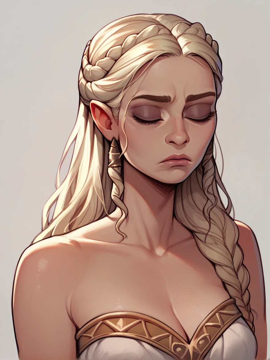 score_9, score_8_up,score_7_up, score_6_up, score_5_up, score_4_up, woman, best quality, highres, portrait, solo, beautiful, makeup, soft lips, daenerys (bored), large cleavage,  beautiful dragon dress, ((simple background)), eyes closed