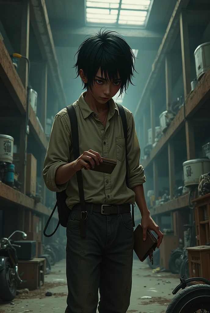 Dark skinned Japanese, holding a wallet without money in front of a workshop, lamenting his broken motorcycle and crying