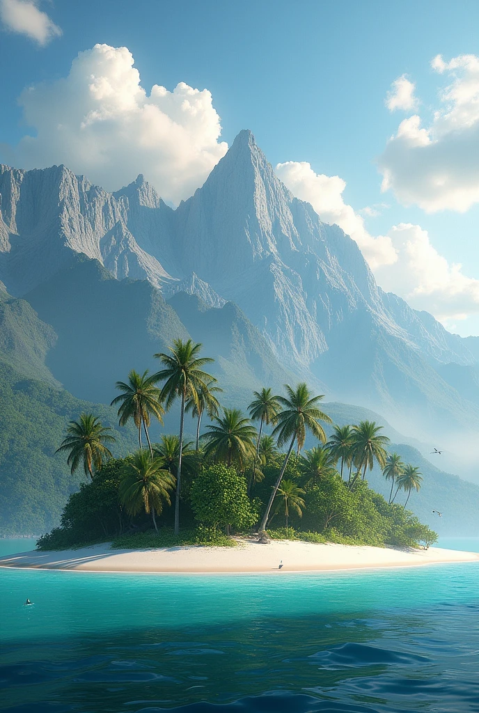 Make a background of an island with mountains behind 