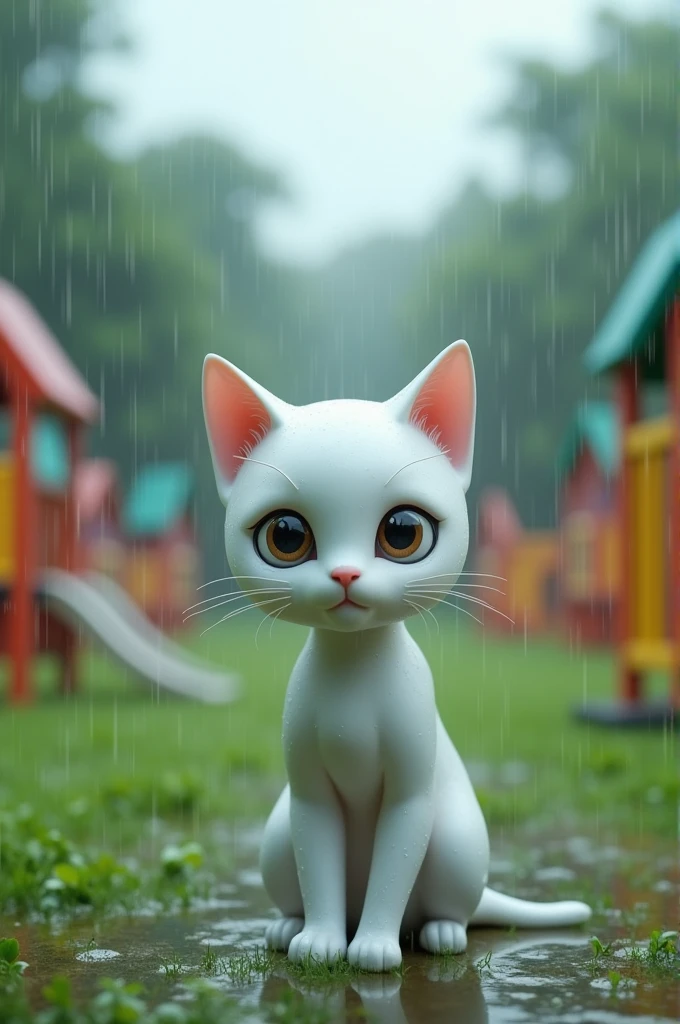 White ai cat in school playground and in upperside the sky is rainy