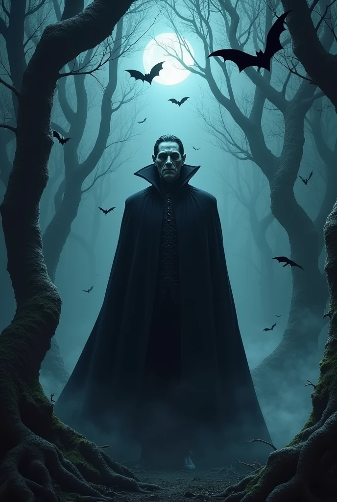 COUNT DRACULA IN THE TRANSYLVANIAN FOREST AT NIGHT.