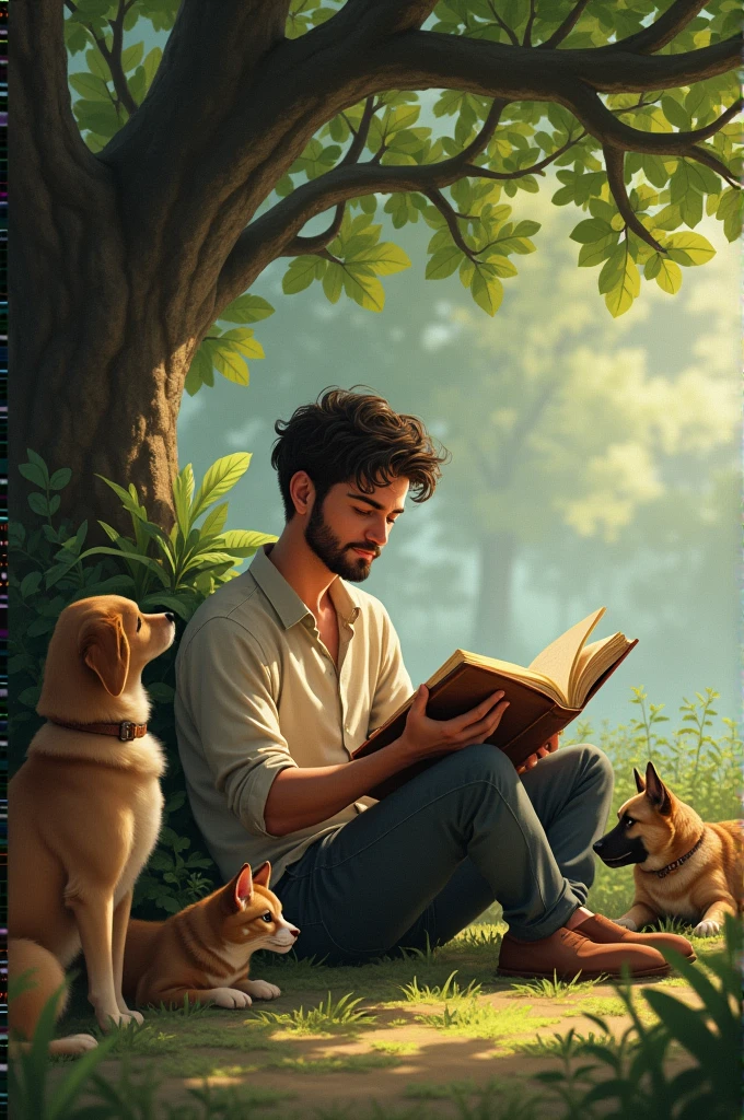 Recreate a person sitting near a tree looking at a nature book, where he is surrounded by dogs and cats