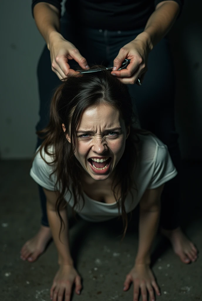 Women, tied up, ponytail,  forced haircut,  slave, scissors 