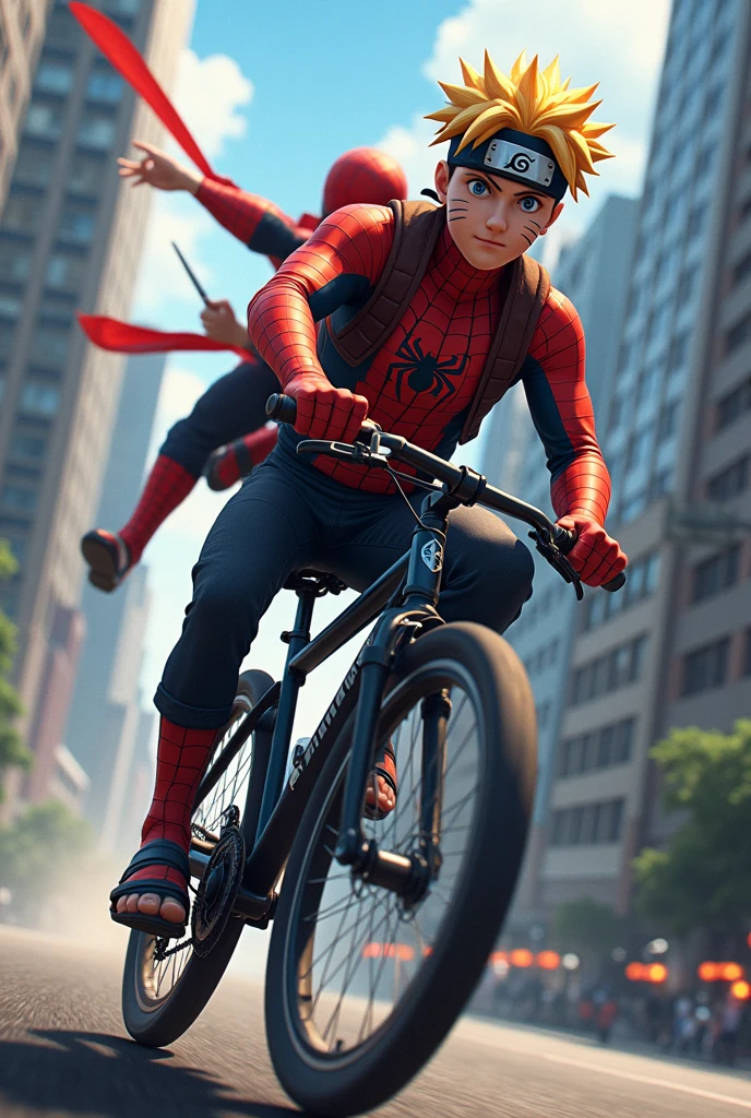 Naruto holding a knife riding a bike with spiderman 
