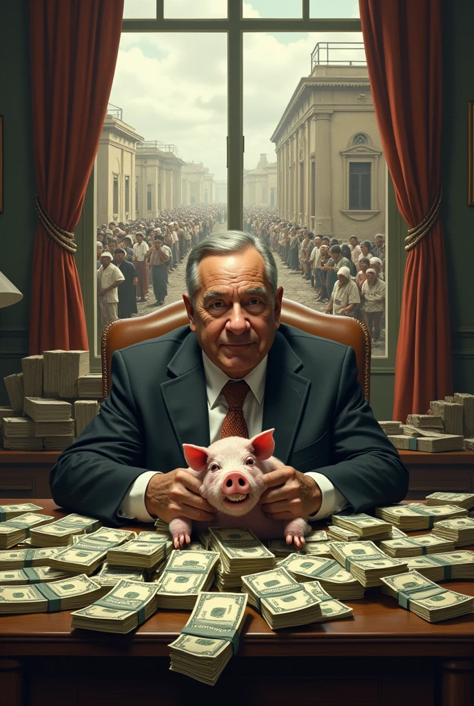 A politician sitting behind a desk full of money labeled “Health”, “Education” and “Infrastructure”. He is feeding a fat pig named “Corruption” while, Outside the window, Sick people wait in long lines to be treated in precarious hospitals and children study outdoors.