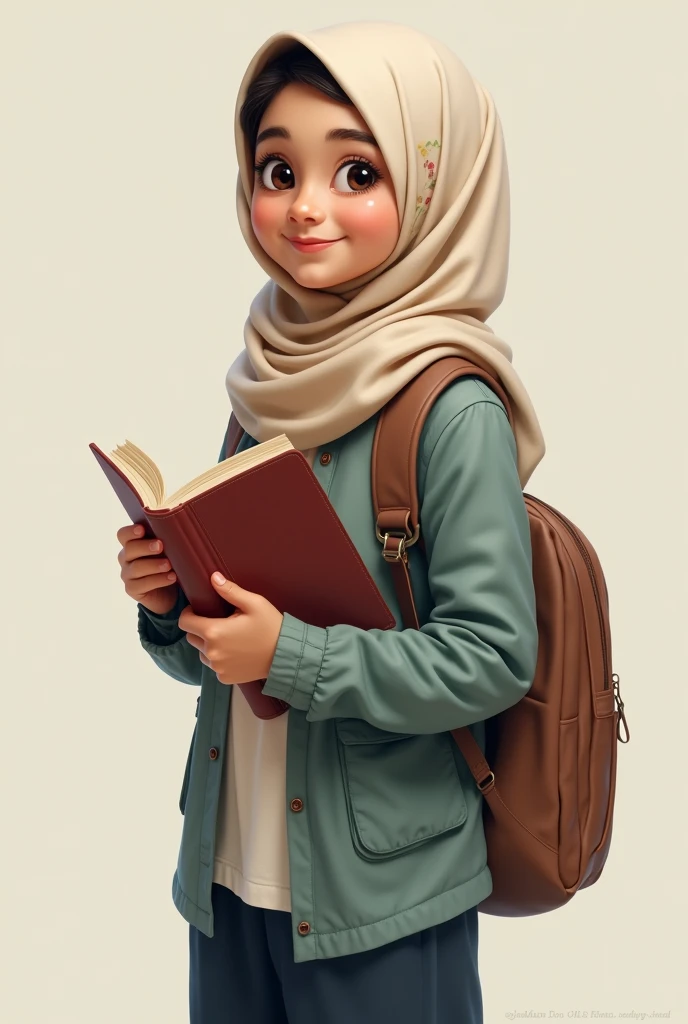 Hijab girl wearing school bag and holding book in her hands