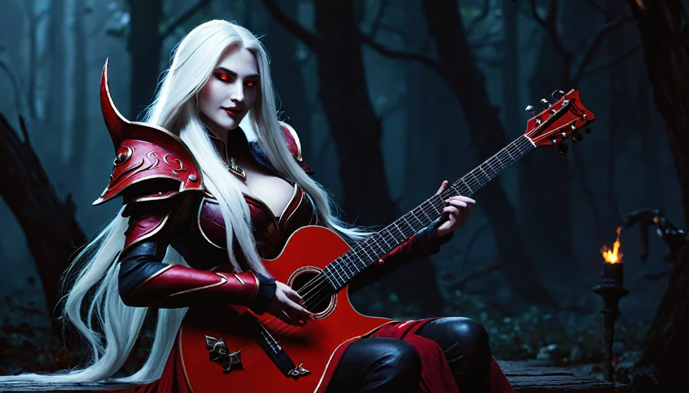 Sylvanas Windrunner, the legendary leader of the Forsaken, sits on a dark wooden throne, surrounded by an aura of mystery and magic. In her hands, she holds a vibrant red guitar, its strings seemingly pulsing with unearthly energy. Her eyes, burning with an otherworldly intensity, stare directly at the viewer, as if daring them to come closer. Her long, white hair falls over her shoulders, framing her pale, ethereal face. Her lips, painted a deep red, curve in an enigmatic smile, as if guarding secrets known only to her. The guitar, which appears to have been created by magical hands, emits an intense red light that illuminates the environment around it. The strings vibrate with an energy that seems almost palpable, as if they are alive and responding to Sylvanas’ touch. In the background, a dark and mysterious mist spreads, as if the night itself is closing in around Sylvanas. The atmosphere is charged with tension and anticipation, as if something is about to happen.

The image is a mix of shadows and light, of mystery and magic, capturing the essence of Sylvanas Windrunner as an enigmatic and powerful creature.