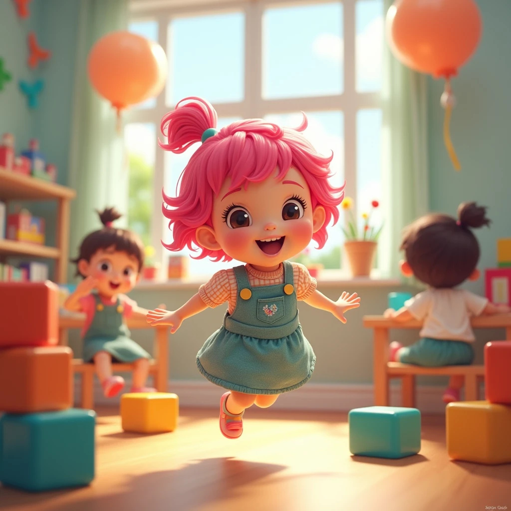 A short and chubby girl、Light brown eyes、Bright pink hair 、Playing in kindergarten