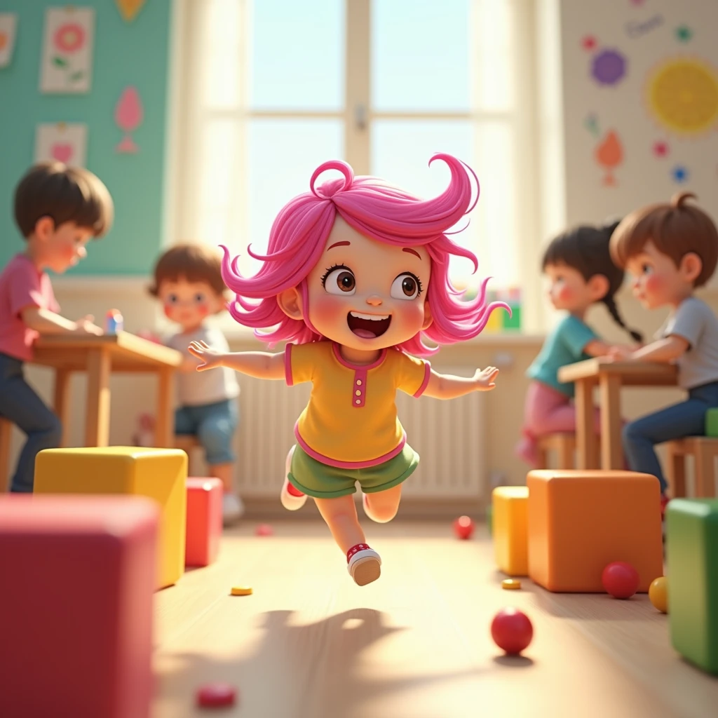 A short and chubby girl、Light brown eyes、Bright pink hair 、Playing in kindergarten