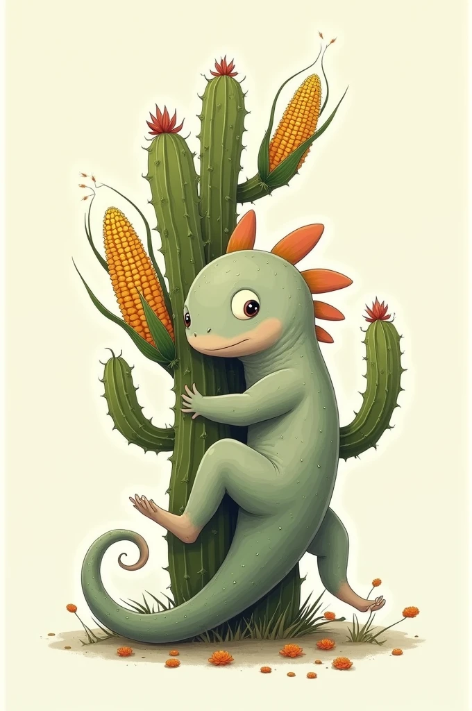Image of an axolotl hugging a cactus and an ear of corn, that intertwine to form a double helix of DNA