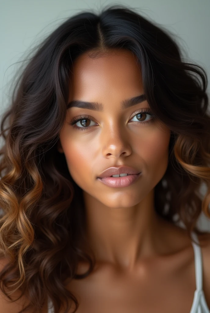 une jeune femme métisse de 22 ans incroyablement belle, avec une peau chaude couleur caramel, et des lèvres pleines avec une teinte rosée naturelle. Son visage est classique entre rond et oval avec des pommettes hautes, et elle a un menton gracieux, légèrement pointu. Ses cheveux sont une cascade de boucles volumineuses d'un riche brun foncé avec de subtiles mèches dorées, tombant sur ses épaules, sans passer devant son visage. Ses sourcils sont bien définis, légèrement arqués, et son expression est calme et confiante. Elle porte un maquillage léger qui met en valeur sa beauté naturelle, avec une douce lueur sur ses joues et une touche de mascara pour accentuer ses yeux gris. Elle est dans un studio avec un fond clair, vêtue d'un haut noir. Pose frontale, Expression sérieuse. Éclairage avant, mettant en évidence les ombres et les textures du visage. Appareil photo moyen format avec 100 mm f/2.8 lentilles/2.8, Résolution UHD 16K, style de portrait émotionnel, avec un accent sur les détails du visage