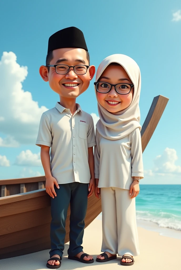 Realistic 4D caricature photo, big head, Indonesian faced couple, middle aged man,50 years old,clean face, oval face,wearing clear glasses,wearing a black peci cap, wearing a white Muslim Koko shirt,,rubber slop sandals,middle-aged woman, 50 years old, wearing a hijab, clear glasses, wearing a white Muslim gamis, wearing women's sandals,standing pose while leaning on an  big boat while facing forward, with a beautiful white sand beach in the background 