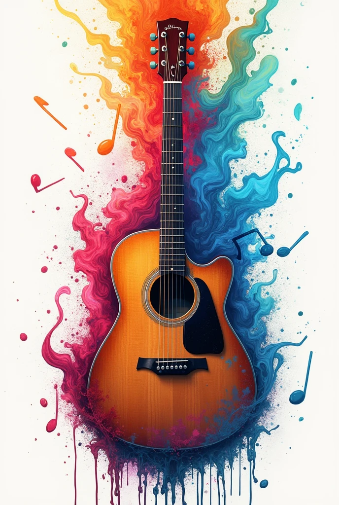 create an image of half a guitar, fullcolor, dripping ink that forms musical notes