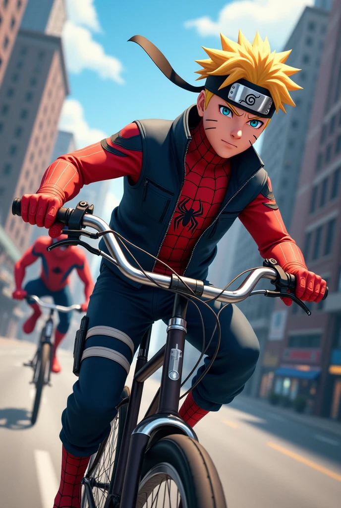 Naruto holding a knife riding a bike with spiderman 