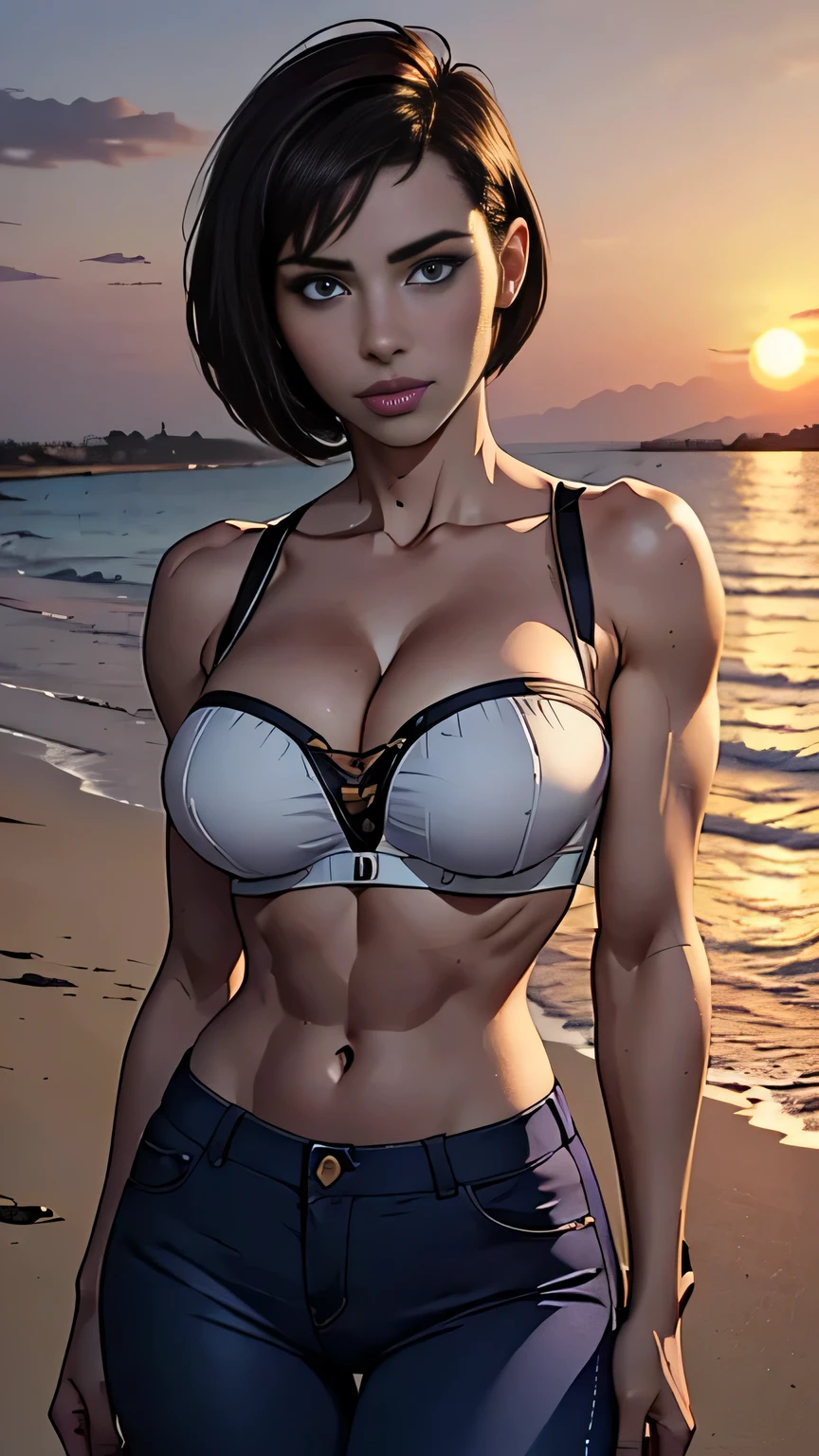 photo of mlp Meowko, RAW, beautiful woman, ((portrait)), ((detailed face:1.2)), ((anime, face, anime facial feature, clear skin, glossy lips, shiny luscious lips, clear skin), (short lesbian haircut, brunette: 1.55), (perfect proportioned body, Strong, muscular, narrow waist, narrow hips, skinny, large breasts, cleavage) (wearing tube top, purple pants, bracers, cowboy shot), (Beach sandy, sunset on the water, evening), (realistic photo, best quality, detailed), (8k wallpaper), (cinematic lighting, beautiful light, (day:1.3)) (sharp focus, intricate)