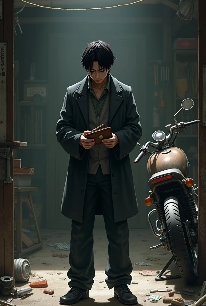 Japanese black , holding a wallet without money in front of a workshop, with a broken motorcycle