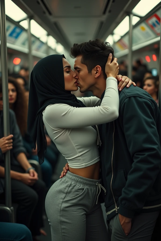 Black headscarf on a crowded bus, white long sleeve t shirt, grey sweatpants, Sexy woman in white stockings kissing a man 