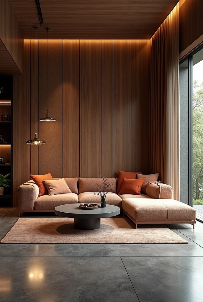 Interior design , modern living room , Brazilian residence , sofa upholstery , furniture signed by renowned artists , wooden panel , gray porcelain floor ,warm lighting , ultra realisitic , 4K , render ultra realisitic