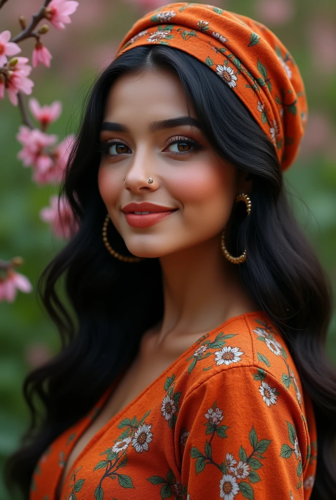 A half body of confident-looking Bangladesh woman with long and thick hair, (masterpiece, best quality:1.2), looking at viewer, hazel eyes, a smile on the face, royal and lusty look, posing like a professional model for a photoshoot, (((big breast))), perfect composition and light, hyper realistic, super detailed, 8k, high quality, trending art, trending on art station, photo, intricate details, highly detailed,((cropped open huge boobs)), (((Dutch Spring detail background)))), (((wearing a colourful Hijab with a headwear with designs and patterns with sleeves))), ((((big sexy Hour Glass body shape)))), ((((Dutch Spring detailed background behind her)))), (((Portrait Fashion Photo))), ((long wavy thick hair style)), (((hyper realistic skin texture with makeup with blush face))), hair bobbles, wince, solid circle eyes, light smile, ear blush, fang, ccurate, makeup, Surrealism, drop shadow, anaglyph, stereogram, tachi-e, pov, atmospheric perspective, glowing light, backlighting, ray tracing, image fill, anaglyph, stereogram, scanlines, speed lines, silhouette, vignetting, 8k, super detail, best quality