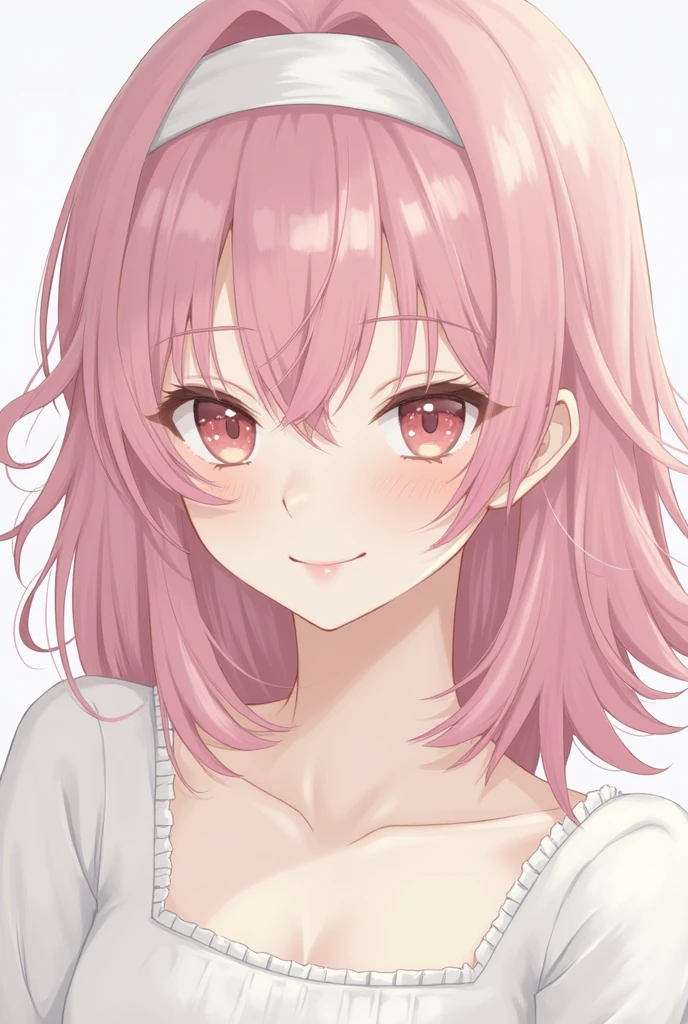 Alice has shoulder-length pink hair with bangs reaching down from the side of her temples stretching outwards, a mole under her left eye, and wears a white headband on her head.