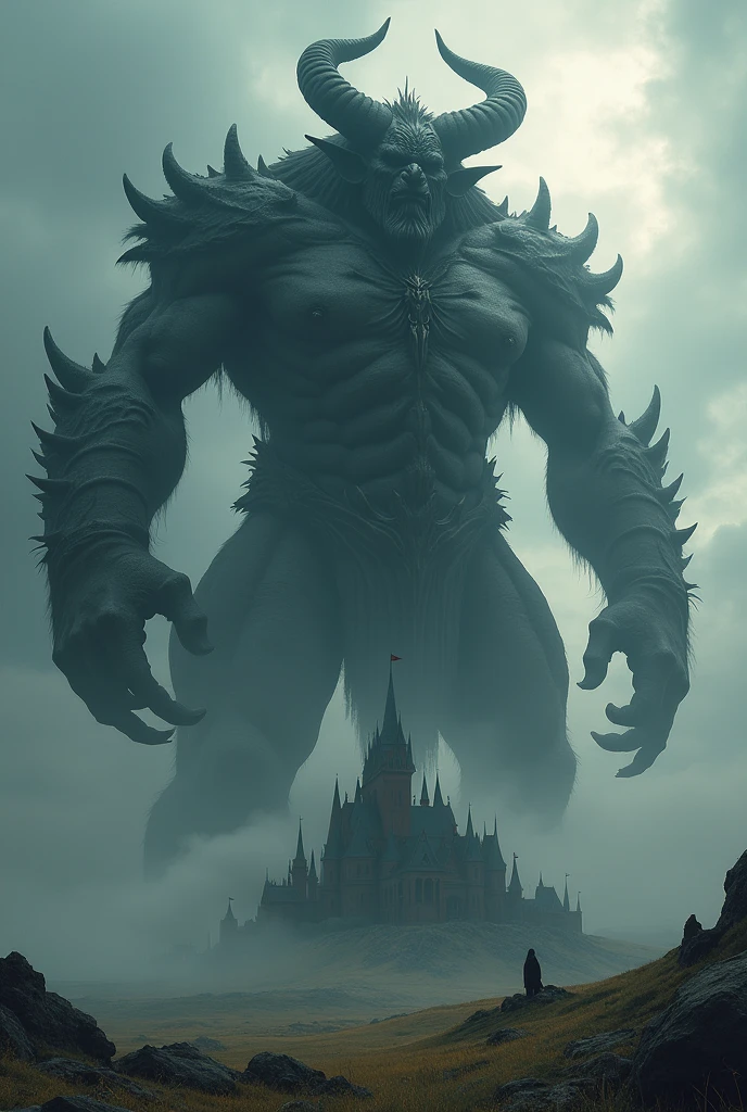 Image of a huge demon god the size of a mountain. He is about to destroy the black castle. It has hooves on its feet and must be the size of a tower. He is in the medieval period