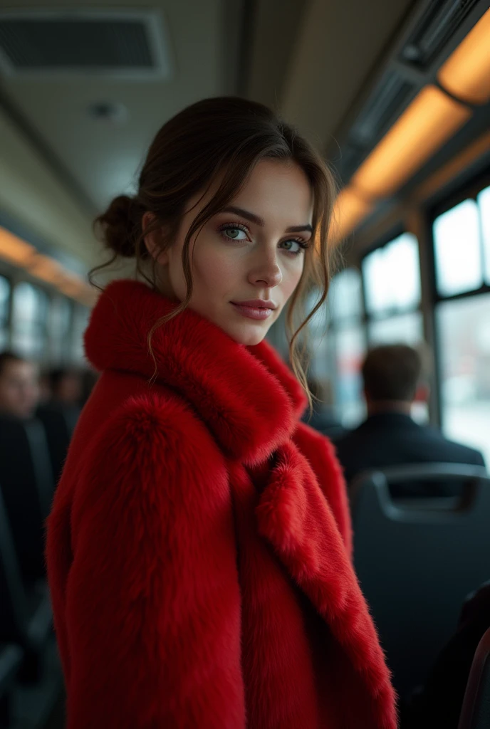 A beautiful woman wears a beautiful red fur coat and looks discreetly into my eyes. She stands in an almost empty German bus and smiles at me inconspicuously seductively