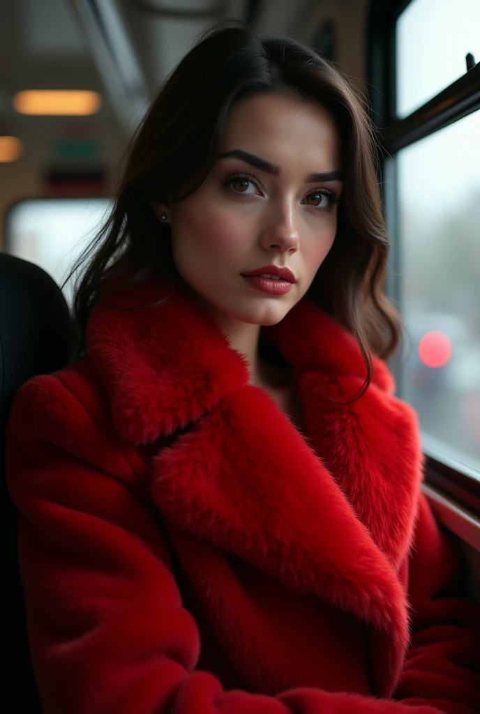 A beautiful woman wears a beautiful red fur coat and looks discreetly into my eyes. She stands in an almost empty German bus and smiles at me inconspicuously seductively