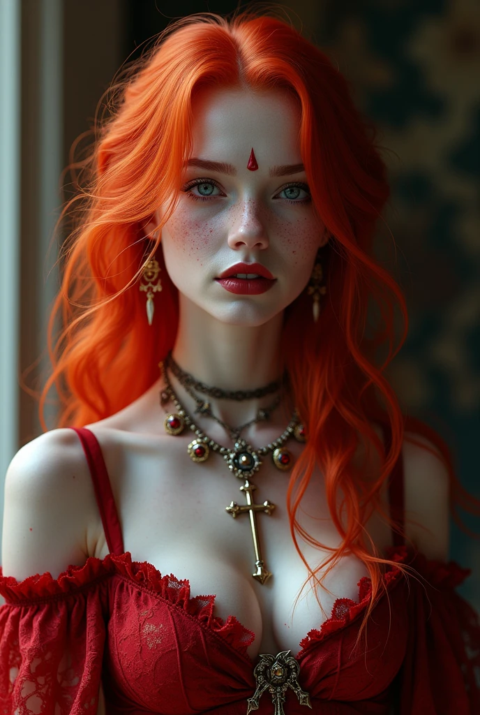 An incredibly beautiful toreador vampire, her hair is extremely red and her skin is white and delicate, she also has a lot of freckles, She is a powerful 6th generation vampire, She is Catholic and always wears her beautiful crucifix and heart necklace which is a gift from her beloved., she likes jewelry and high heels 