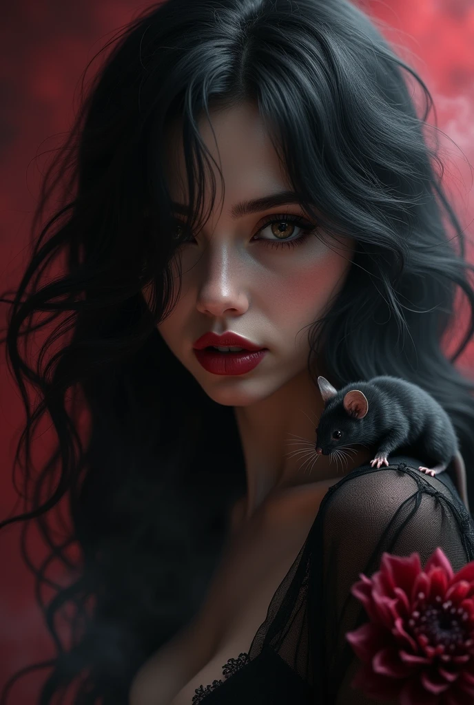 close up photo portrait from horror movie on black cherry smoky background with red backlight, with black and red smoke.with a picture from behind of a beautiful charming very sexy young laughing witch girl .looking back and looking at the viewer.She has luxurious, long, wavy black hair that is tousled by the wind..fluttering in the wind.Flirtatious big black eyes., She looks enticingly at the viewer(catch the light in her eyes) ..big plump lips.with a black mouse on his shoulder . dark tone style.Dark Botany.She stands surrounded by large withered buds of dark peonies and dahlias in black smoke.Concept art..a mystic.digital illustrations.Close-up. Dark horror.Ilya Repin,Martha Bevacua, Greg Rutkowski,8k, uhd, chiaroscuro.shadows.shine.