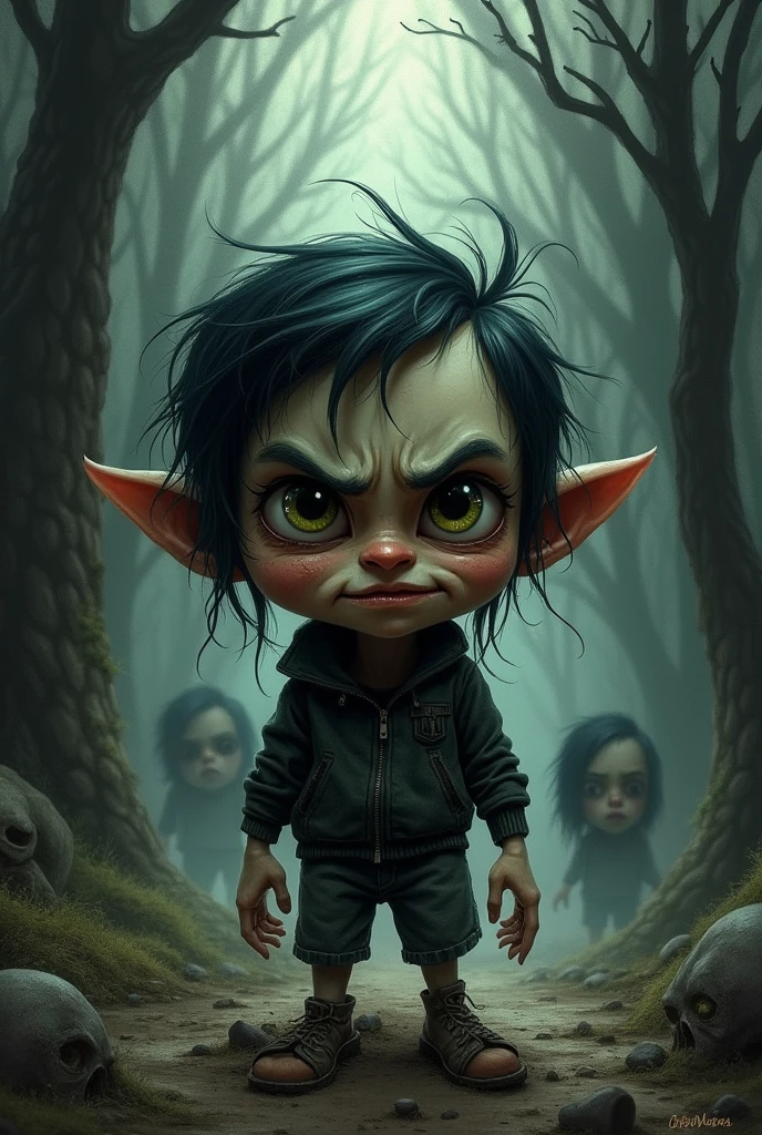 Create a drawing of the son of the characters Deep Dark Secret and Disgust from the animated movie Inside out 2. The drawing will be the son of the two characters and also the facial expressions and background of the drawing created will refer to these characters.